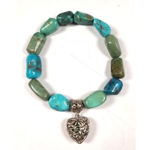 Vtg Whitney Kelly Turquoise Southwestern 925 Sterling Silver‎ Stretch Bracelet